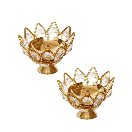 eCraftIndia Gold-Toned 2 Pieces Crystal Lotus Shape Brass Diyas