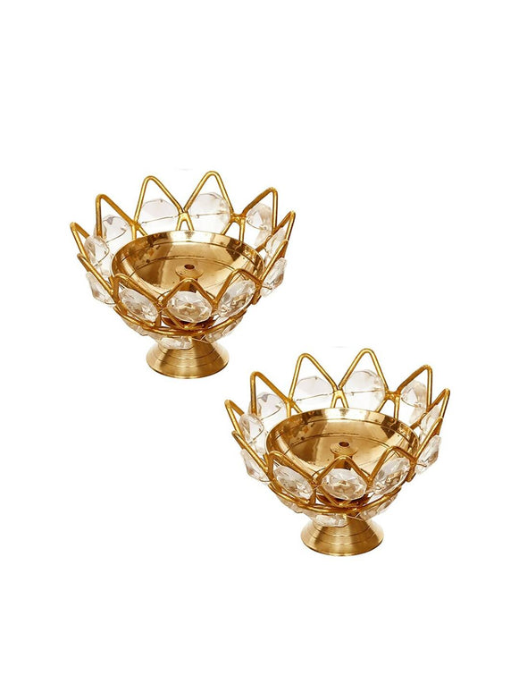 eCraftIndia Gold-Toned 2 Pieces Crystal Lotus Shape Brass Diyas