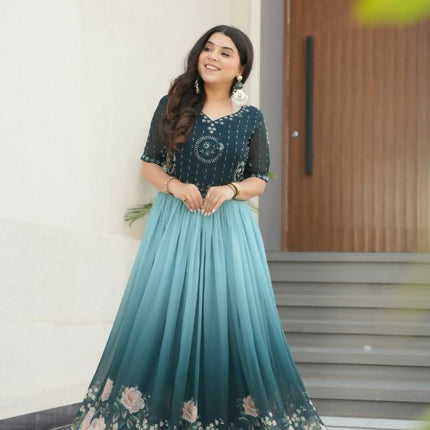 Aastha Fashion Rama Faux Blooming Embroidered work and Rich Floral Pedding Digital Print Party Wear Designer Gown