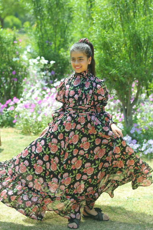 LH Luxury Fashion Runway Rose Long Shirred Dress – Elegant Black Flared Dress for Girls