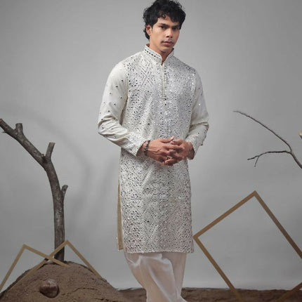 Off White Viscose Heavy Embroidery Work Kurta Set - Mahotsav