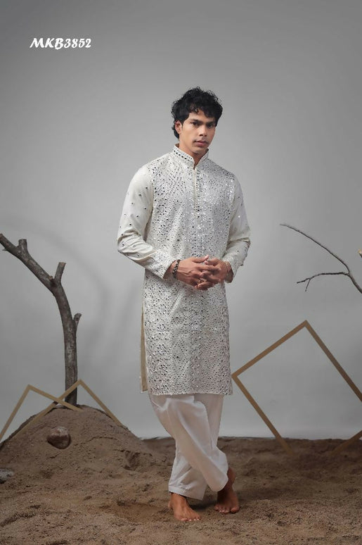 Off White Viscose Heavy Embroidery Work Kurta Set - Mahotsav