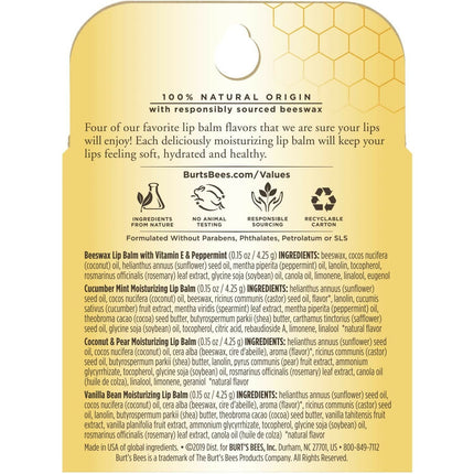 Burt's Bees Natural Moisturizing Lip Balms (Beeswax, Cucumber Mint, Coconut & Pear, Vanilla Bean)