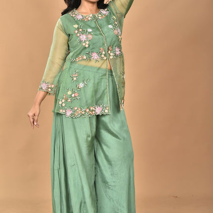 Morchari Women And Hand Embroidery Palazzo Set-Green