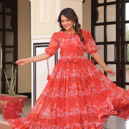 Aastha Fashion Red Faux Georgette Printed Party Wear Designer Gown