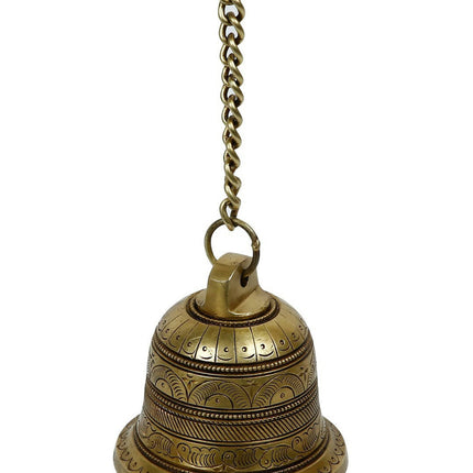 CraftVatika Gold-Toned Brass Hanging Bell with Attached Chain & Hook