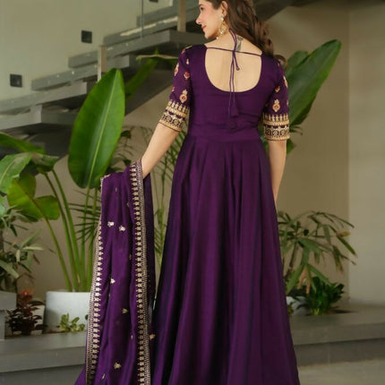 Aastha Fashion Purple Vichitra Silk Sequins-Multi & Zari Embroidered Work Party Wear Designer Gown