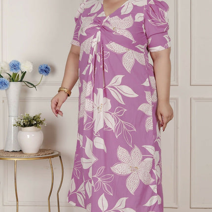 Miravan Womens Plus Size Pink Floral Print Puff Sleeve Pure Cotton Fit Flare Butterfly Maxi Dress