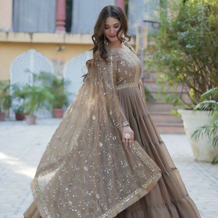 Aastha Fashion Beige Star Georgette Embroidery Party Wear Designer Gown