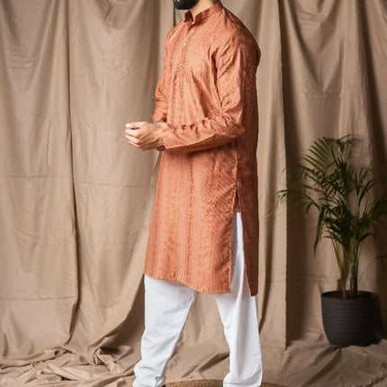 Reddish Orange Rayon Thread Embroidery Work Kurta Set - Mahotsav
