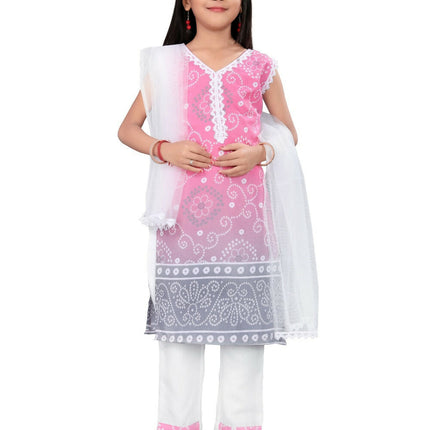 Divine Drape Girls Cotton Pink Printed Straight Kids Kurta Pant With Dupatta