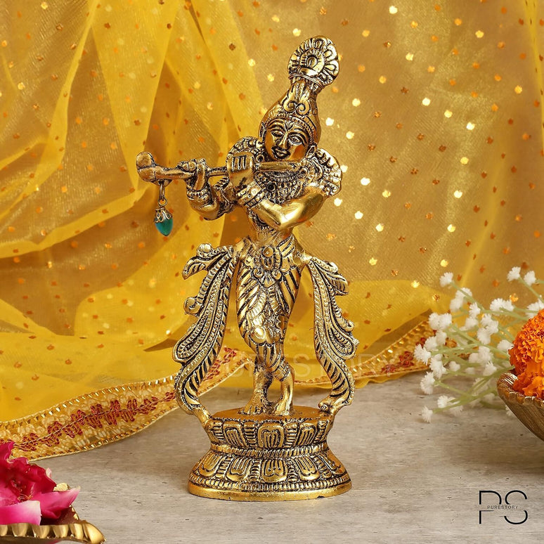 Purestory Lord Krishna Metal Statues Playing Flute