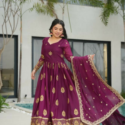 Aastha Fashion Wine Star Georgette Embroidery Zari Sequins-work Party Wear Designer Gown