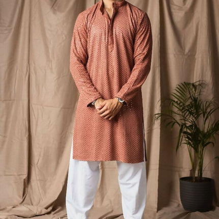 Reddish Orange Rayon Thread Embroidery Work Kurta Set - Mahotsav