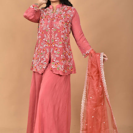 Morchari Women And Hand Embroidery Palazzo Set-Rust