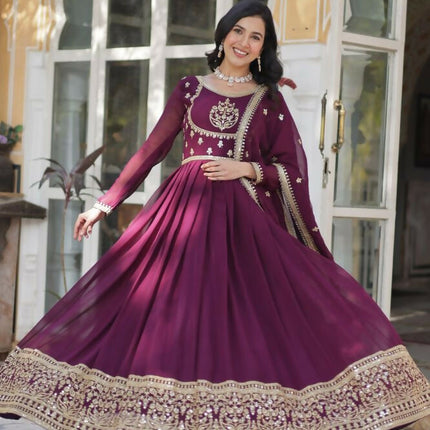 Aastha Fashion Wine Faux Blooming Georgette Sequins Embroidered work Party Wear Designer Gown