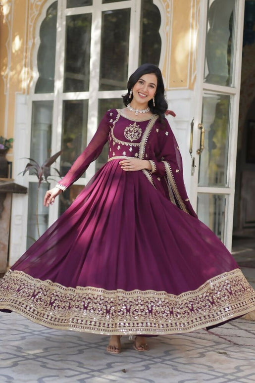 Aastha Fashion Wine Faux Blooming Georgette Sequins Embroidered work Party Wear Designer Gown