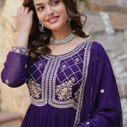 Aastha Fashion Purple Faux Blooming Sequins-Multi & Beads Embroidered Work Party Wear Designer Gown