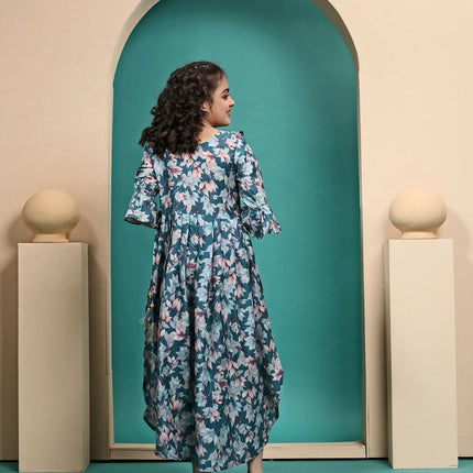 Divine Drape Girls Muslin Teal Printed Kids Anarkali Gown