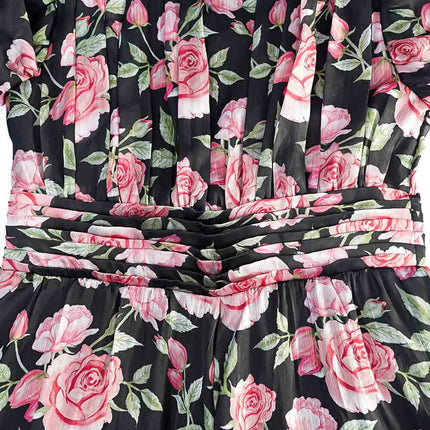 LH Luxury Fashion Runway Rose Long Shirred Dress – Elegant Black Flared Dress for Girls