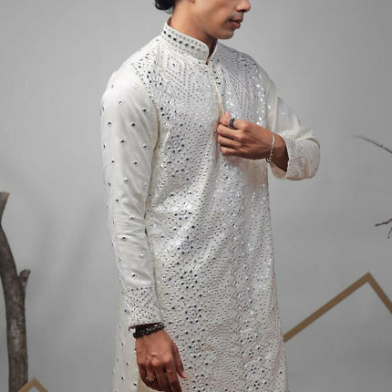 Off White Viscose Heavy Embroidery Work Kurta Set - Mahotsav