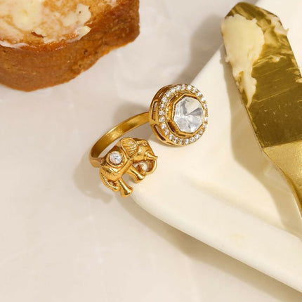 Kundan Gold plated Elephant and Round Ring - Ruby Raang