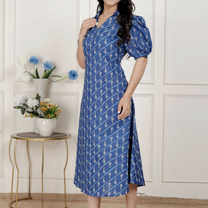 Miravan Womens Floral Print Blue Collar-Neck Puff Sleeves A-Line Maxi Dress