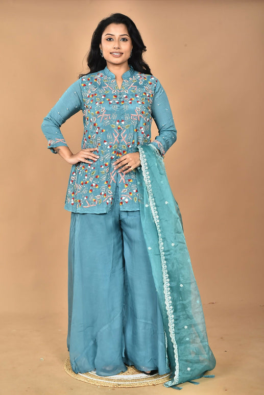 Morchari Women And Hand Embroidery Palazzo Set-Green