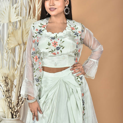 Morchari Women Hand Embroidery Crop Top-Sea Green