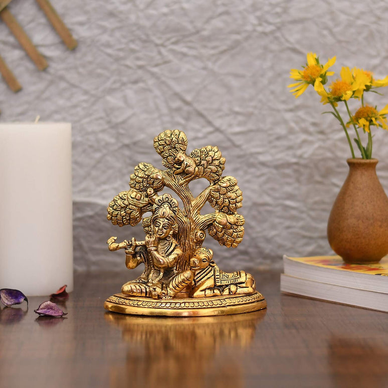 Collectible India Metal Krishna Idols with Cow