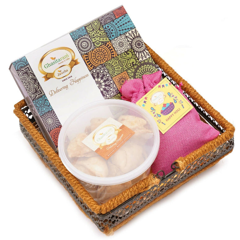 Ghasitaram Metal Basket of Gujiyas, Thandai and Farsan Samosa