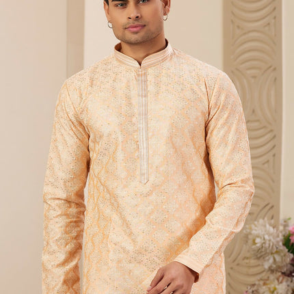 Raivat Ethnic Men's Art Silk Thread Work Kurta Pyjama In Peach Colour