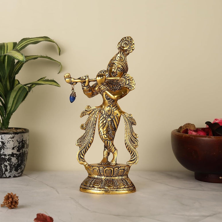 Purestory Lord Krishna Metal Statues Playing Flute