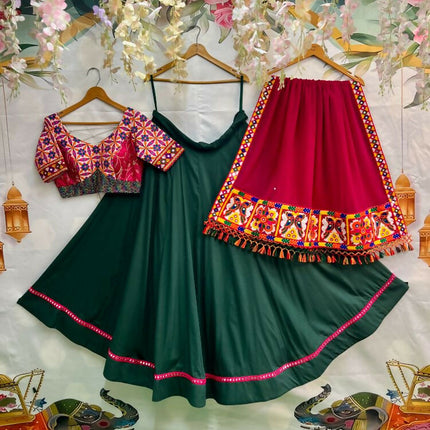 Aastha Fashion Green Reyon Readymade Mirror Lace Semi Stitched Wedding Wear Lehenga Choli