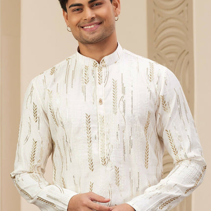 Raivat Ethnic Men's Art Silk Thread Work Kurta Pyjama In Cream Colour