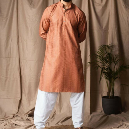 Reddish Orange Rayon Thread Embroidery Work Kurta Set - Mahotsav