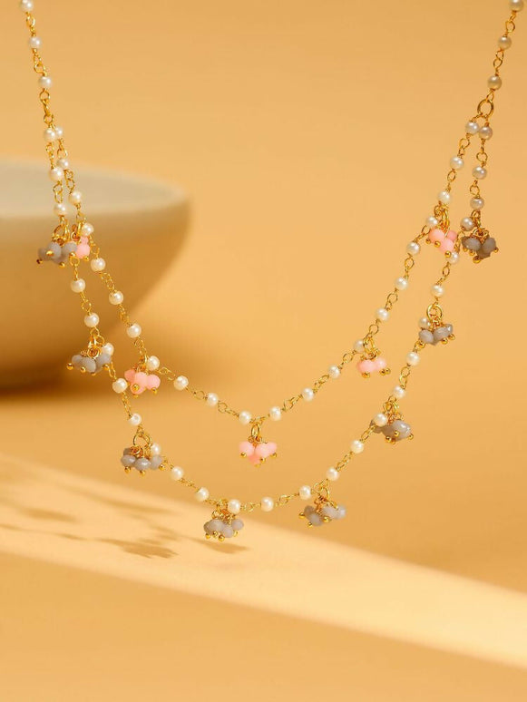 Beaded Pearl Necklace with Grey and Pink Colourful Motifs - Ruby Raang