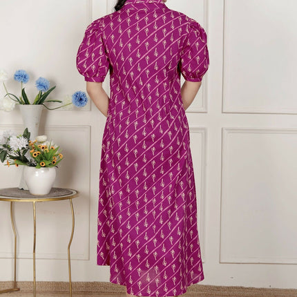 Miravan Womens Magenta Floral Printed Cotton Dress With One Side Pocket