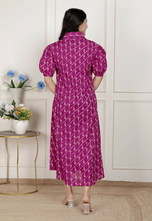 Miravan Womens Magenta Floral Printed Cotton Dress With One Side Pocket