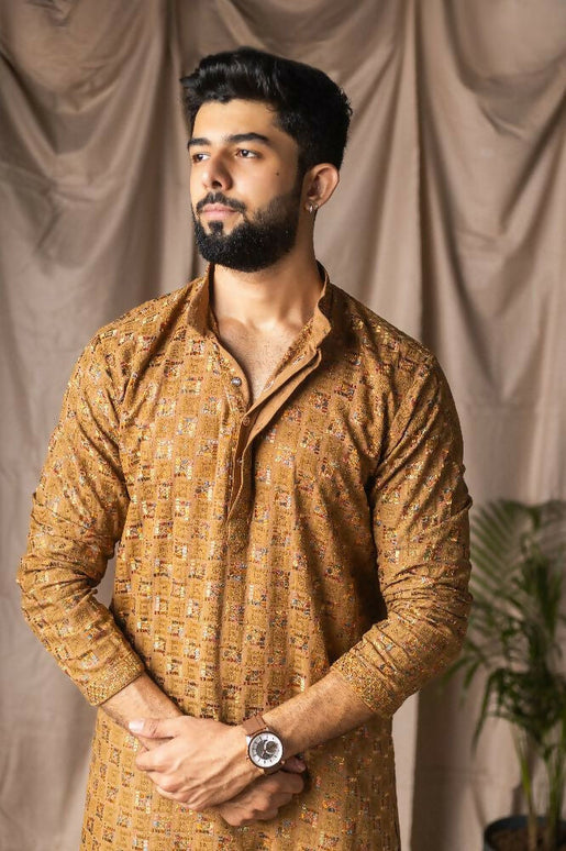 Occur Yellow Rayon Thread Embroidery Work Kurta Set - Mahotsav