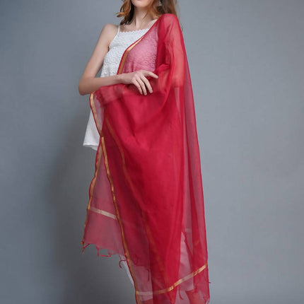 Shehnaai Chanderi Silk Dupatta Red Colour With A Golden Woven Border