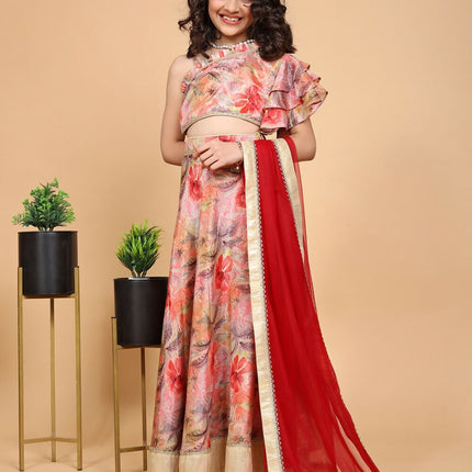 Divine Drape Girls Chinon Peach Printed Kids Lehenga Choli With Dupatta