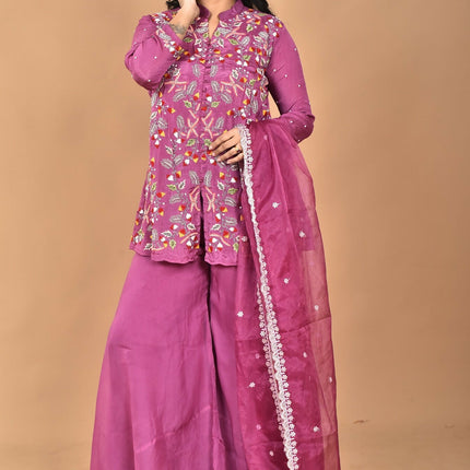 Morchari Women And Hand Embroidery Palazzo Set-Purple