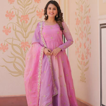 Aastha Fashion Pink Pedding Gold Organza Sequins-Multi & Zari Embroidered Work Party Wear Designer Gown