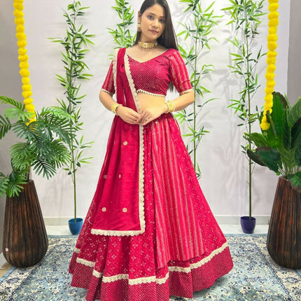 Aastha Fashion Rani Pink Heavy Georgette Heavy Embroidery+ Sequence +Ready Lace Semi Stitched Wedding Wear Lehenga Choli