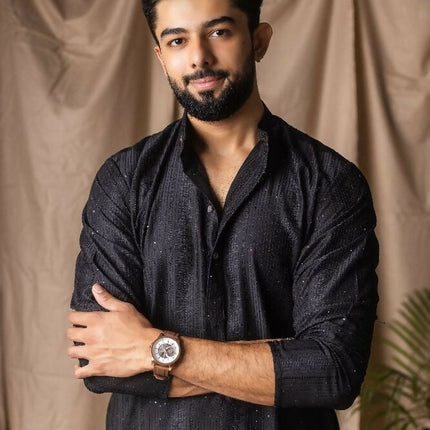 Black Rayon Thread Embroidery Work Kurta Set - Mahotsav