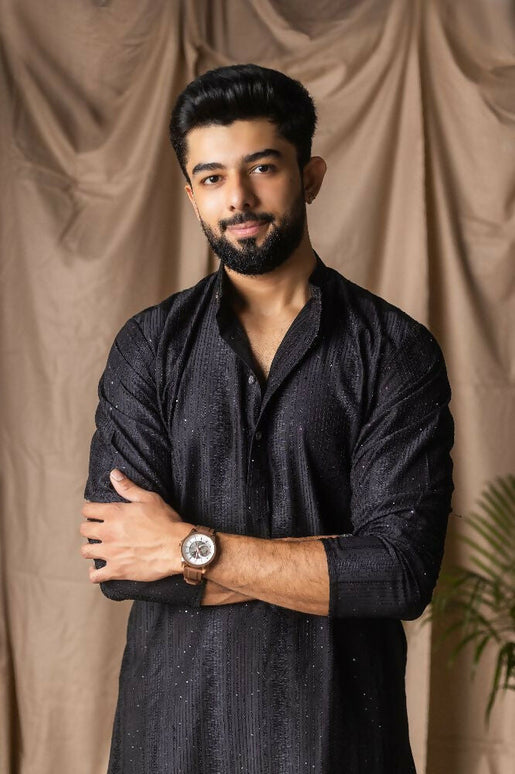 Black Rayon Thread Embroidery Work Kurta Set - Mahotsav