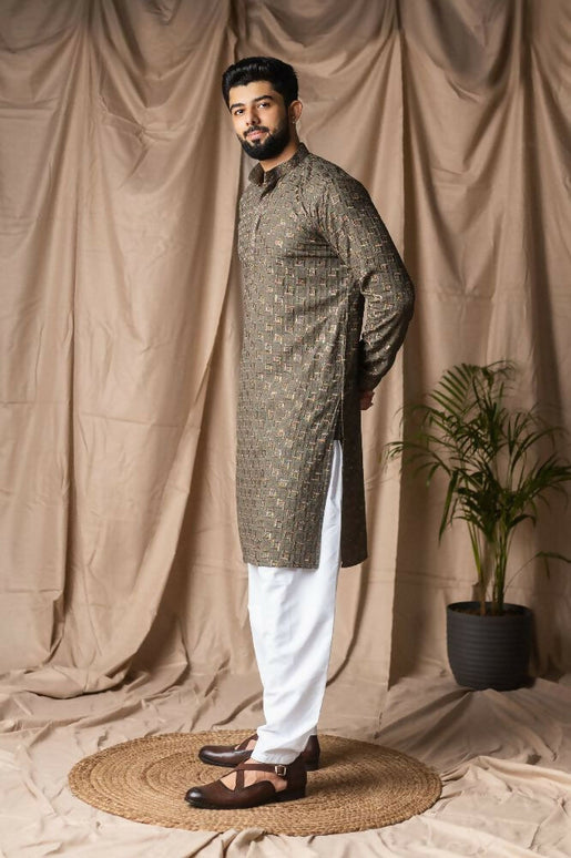 Mehandi Green Rayon Thread Embroidery Work Kurta Set - Mahotsav