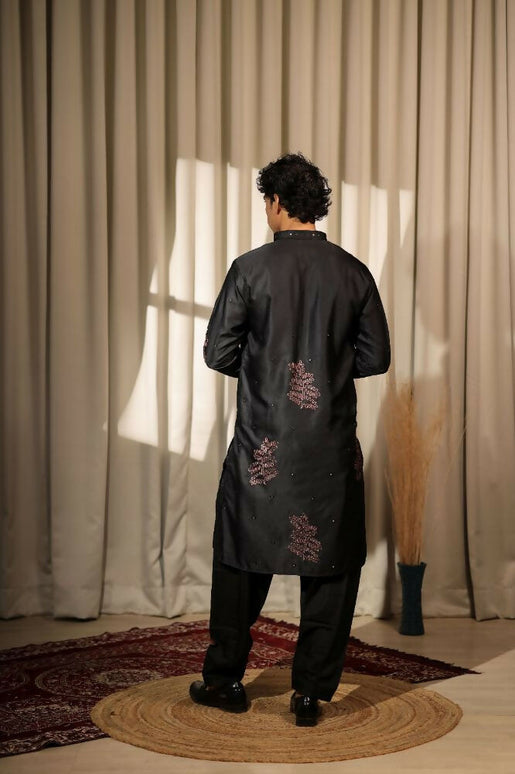 Black Greek Satin Designer Embroidery Work Kurta Set - Mahotsav