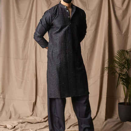 Black Rayon Thread Embroidery Work Kurta Set - Mahotsav